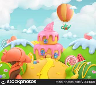 Sweet candy land. 3d vector background. Plasticine art illustration