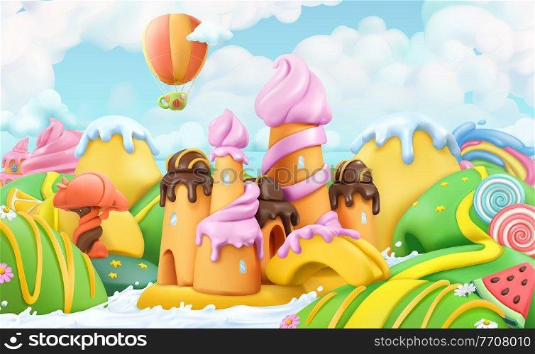 Sweet candy land. 3d vector cartoon background. Plasticine art illustration