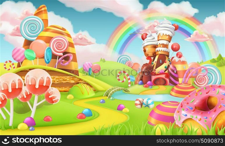 Sweet candy land. Cartoon game background. 3d vector illustration