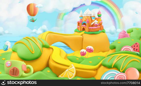 Sweet candy landscape. 3d vector background. Plasticine art illustration