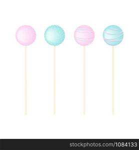 Sweet candy - lollipops set isolated on white. blue and rose icing and sprinkles, stripes and dots. Vector illustration. Confection, sweets. For decoration, food, blog, web, print, label, tag. Sweet candy - lollipops set isolated on white. blue and rose icing and sprinkles, stripes and dots.