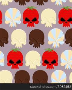 Sweet candy skulls seamless pattern. Head skeleton made of chocolate and strawberry. Background for Halloween&#xA;