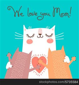 Sweet card for Mothers Day with cats. Vector illustration.