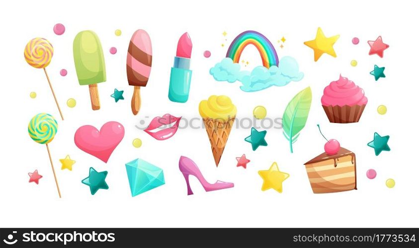 Sweet cartoon candies and girlish elements. Ice cream, lipstick, cupcake, lips, heart, crystal, lollipop, rainbow. Vector illustration.