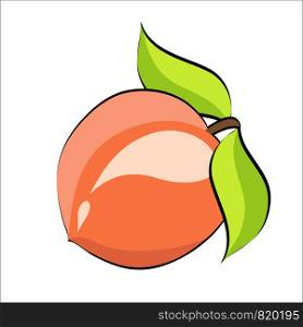 Sweet cartoon peach with green leaves on white, stock vector illustration