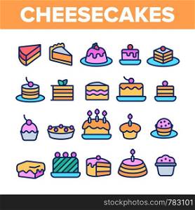 Sweet Cheesecakes, Bakery Linear Vector Icons Set. Pastry Thin Line Contour Symbols Pack. Birthday Party Cakes, Biscuits, Pies. Dessert Cookies. Confectionery Outline Illustrations Collection. Sweet Cheesecakes, Bakery Linear Vector Icons Set