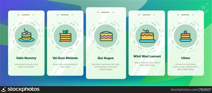 Sweet Cheesecakes, Bakery Vector Onboarding Mobile App Page Screen. Pastry. Birthday Party Cakes, Biscuits, Pies. Dessert Cookies. Confectionery Illustrations. Sweet Cheesecakes, Bakery Vector Onboarding Mobile App Page Screen