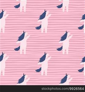 Sweet childish seamless pattern witth doodle blue and white unicorn shapes. Pink striped background. Decorative backdrop for fabric design, textile print, wrapping, cover. Vector illustration. Sweet childish seamless pattern witth doodle blue and white unicorn shapes. Pink striped background.