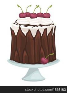 Sweet chocolate cake made with cocoa and cinnamon, decorated with fresh cherries and mousse. Creamy top of dish, restaurant or cafe menu. Yummy pie. Bakery shop product, vector in flat style. Chocolate cake with mousse and cherries vector
