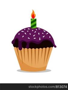 Sweet chocolate cupcake with violet frosting and one candle icon. Happy birthday vector illustration on white background. Sweet cupcake with candle icon