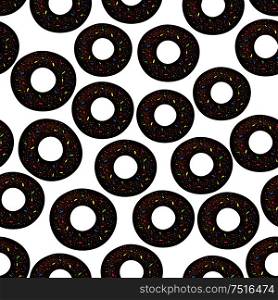 Sweet chocolate donuts pattern for fast food pastry or bakery shop design with seamless ornament of donuts, topped with colorful sprinkles and sugar powder . Pattern of chocolate donuts with sprinkles
