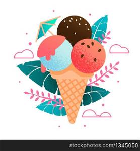 Sweet Cold Fresh Ice Cream Cone Cartoon on Exotic Leaves. Refreshing Dessert as Advertising Beach Summer Menu for Tropical Cafe, Restaurant and Bar. Flat Vector Illustration in Natural Style. Cold Fresh Ice Cream Cartoon on Tropical Leaves