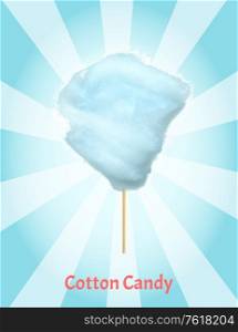 Sweet cotton candy of bilberry taste isolated on blue and white background. Vector confectionery, fluffy sugar summer dessert on stick, tasty food snack. Candyfloss, kids sugar yummy snack. Sweet Blue Cotton Candy of Bilberry Taste Isolated