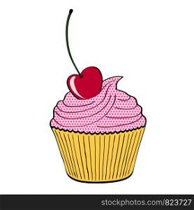 Sweet cupcake dessert with cherry on white in cartoon style, stock vector illustration
