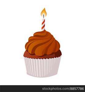 Sweet cupcake with burning candle in paper cup. Muffin with melted chocolate glaze icing.Cake with cream. Birthday party, celebration, holiday, event, festive, congratulations concept. Cartoon vector