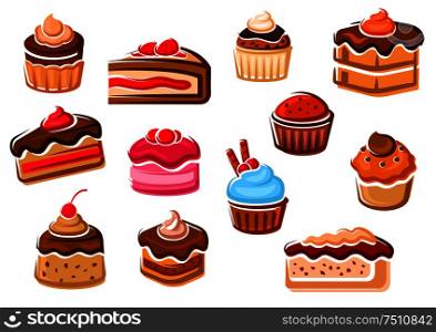 Sweet cupcakes, chocolate tiered cakes, fruity dessert, berry pies, cheesecake and creme caramel pudding, decorated by whipped cream, glaze, fruits and wafer rolls. Pastry, bakery and confectionery. Cakes, cupcakes, pies, pudding and desserts