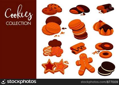 Sweet delicious cookies with natural dark chocolate and tender icing and waffles with cold ice cream and fruity jam isolated cartoon flat vector illustrations collection on white background.. Sweet delicious cookies with natural dark chocolate and tender icing and waffles with cold ice cream and fruity jam