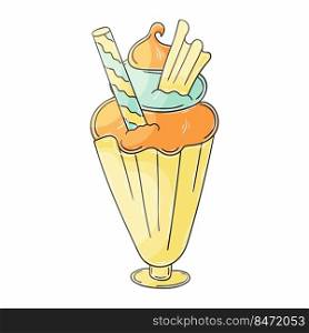 Sweet dessert, graphic element for your design. Illustration in hand draw style. Ice cream in a glass vase. Illustration in hand draw style. Sweet dessert, graphic element for design
