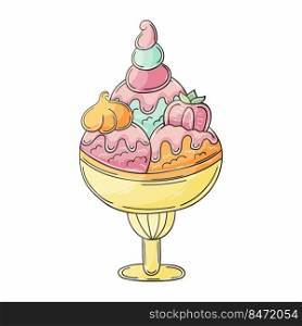 Sweet dessert, graphic element for your design. Illustration in hand draw style. Ice cream in a glass vase. Icon. Illustration in hand draw style. Sweet dessert, graphic element for design