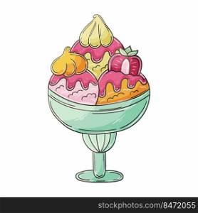 Sweet dessert, graphic element for your design. Illustration in hand draw style. Ice cream in a glass vase. Icon, pin. Illustration in hand draw style. Sweet dessert, graphic element for design