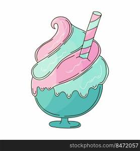 Sweet dessert, graphic element for your design. Illustration in hand draw style. Ice cream in a glass vase. Icon, pin, sticker, sign. Illustration in hand draw style. Sweet dessert, graphic element for design