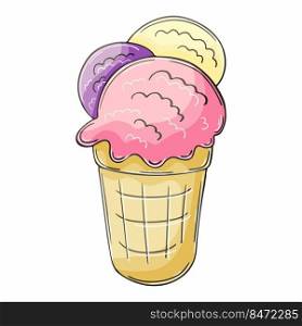 Sweet dessert, graphic element for your design. Vector illustration in hand draw style. Icon, pin, sticker. Ice cream in a waffle cup. Illustration in hand draw style. Sweet dessert, graphic element for design