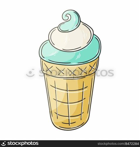 Sweet dessert, graphic element for your design. Vector illustration in hand draw style. Icon, sticker. Ice cream in a waffle cup. Illustration in hand draw style. Sweet dessert, graphic element for design