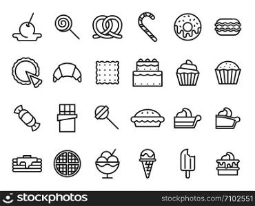 Sweet dessert icons. Sweetly cake, sweets ice cream and muffin cakes. Desserts line art pancakes, celebration chocolate cookies or cheesecream tart bakery dessert. Isolated vector icon set. Sweet dessert icons. Sweetly cake, sweets ice cream and muffin cakes. Desserts line art vector icon set
