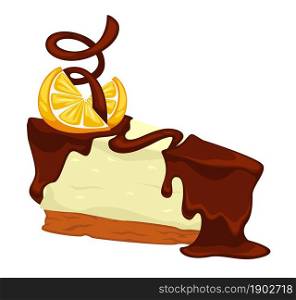 Sweet dessert made of cheese, chocolate topping and slice of citrus. Pie decorated with cuts of oranges. Restaurant or cafe menu, bakery shop or store, confectionery dish. Vector in flat style. Chocolate cheesecake with orange slice and topping