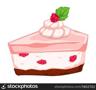 Sweet dessert piece served in cafe or restaurant, menu dish. Confectionery or bakery shop assortment. Cake with raspberry and jam, biscuit and tasty cream or mousse with leaf. Vector in flat style. Tasty dessert cake with raspberry and mousse top