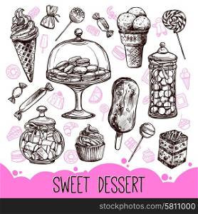 Sweet dessert set with hand drawn cupcakes candies and macarons vector illustration. Sweet Dessert Set