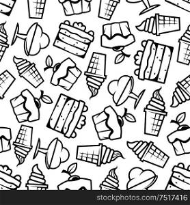 Sweet desserts background with black and white sketched seamless pattern of ice cream cones and sundae desserts, tiered cakes and cupcakes, topped with fresh fruits and cream decorations. Seamless cakes and ice cream pattern
