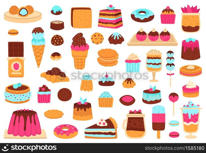 Sweet desserts. Bakery sweets, muffin cakes, ice cream, hand drawn candies, chocolate bar and macarons. Cute sweets vector illustration set as croissant and cookie, cupcake and donut. Sweet desserts. Bakery sweets, muffin cakes, ice cream, hand drawn candies, chocolate bar and macarons. Cute sweets vector illustration set