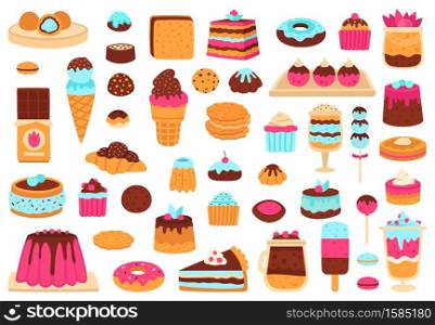 Sweet desserts. Bakery sweets, muffin cakes, ice cream, hand drawn candies, chocolate bar and macarons. Cute sweets vector illustration set as croissant and cookie, cupcake and donut. Sweet desserts. Bakery sweets, muffin cakes, ice cream, hand drawn candies, chocolate bar and macarons. Cute sweets vector illustration set
