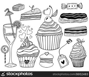 Sweet desserts collection. Hand drawn food illustrations of candies, piece of cakes, macaroon, cupcake, eclair and cocktail. Sweet desserts collection. Hand drawn food illustrations of candies, piece of cakes, macaroon, cupcake, eclair and cocktail.