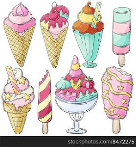 Sweet desserts, ice cream. Set of vector illustrations in hand draw style. Collection of icons, pins, signs, stickers. Ice cream in a cup, in a vase, popsicle, sweet ice. Illustration in hand draw style. Sweet dessert, graphic element for design