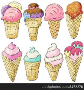Sweet desserts, ice cream. Set of vector illustrations in hand draw style. Collection of icons, stickers. Ice cream in a cup. Illustration in hand draw style. Sweet dessert, graphic element for design
