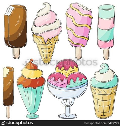 Sweet desserts, ice cream. Set of vector illustrations in hand draw style. Collection of icons, stickers. Ice cream in a cup, in a vase, popsicle. Illustration in hand draw style. Sweet dessert, graphic element for design