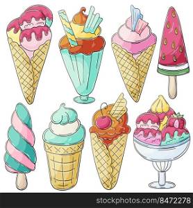 Sweet desserts, ice cream. Set of vector illustrations in hand draw style. Collection of icons, stickers. Ice cream in a cup, in a vase, popsicle, sweet ice. Illustration in hand draw style. Sweet dessert, graphic element for design