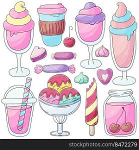 Sweet desserts, ice cream. Set of vector illustrations in hand draw style. Collection of icons, stickers. Coffee, cocktail, ice cream. Illustration in hand draw style. Sweet dessert, graphic element for design
