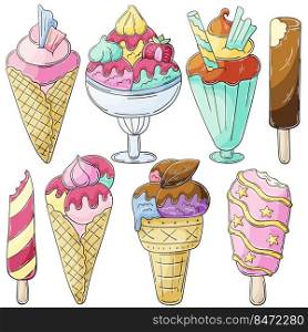 Sweet desserts, ice cream. Set of vector illustrations in hand draw style. Collection of icons, pins, stickers. Ice cream in a cup, in a vase, popsicle, sweet ice. Illustration in hand draw style. Sweet dessert, graphic element for design