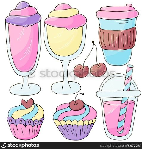 Sweet desserts, ice cream. Set of vector illustrations in hand draw style. Collection of icons, pins, stickers. Coffee, cocktail, ice cream. Illustration in hand draw style. Sweet dessert, graphic element for design