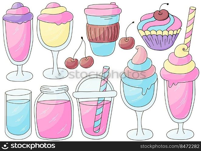 Sweet desserts, ice cream. Set of vector illustrations in hand draw style. Collection of icons, pins, signs, stickers. Coffee, cocktail, ice cream. Illustration in hand draw style. Sweet dessert, graphic element for design