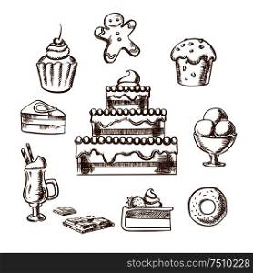 Sweet desserts icons with three tiered cake decorated with cream, berries, cupcakes, ice cream, donut, slices of honey cake and cheesecake, gingerbread man and hot chocolate. Sketch style. Sweet desserts icons with cake and pastry
