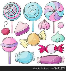 Sweet desserts. Set of vector illustrations in hand draw style. Collection of icons, pins, signs, stickers. Candies, lollipops, marshmallows. Illustration in hand draw style. Sweet dessert, graphic element for design