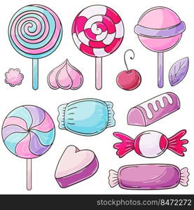 Sweet desserts. Set of vector illustrations in hand draw style. Collection of icons, stickers. Candies, lollipops, marshmallows. Illustration in hand draw style. Sweet dessert, graphic element for design