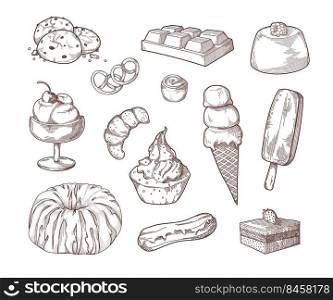 Sweet desserts sugar food sketch set. Cake, ice-cream, chocolate bar, croissant, pudding, cupcake, eclair vector illustration. Hand drawn elements collection. Cafe pastry menu concept