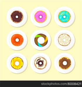 Sweet donuts set design flat food. Doughnut, donuts coffee, donut isolated, coffee and cookies, cake bakery, dessert menu, snack pastry, tasty illustration. Donuts shop. Donut icon. Donuts glaze
