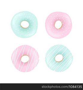 Sweet Donuts set with blue and rose icing and sprinkles isolated on white background. Vector illustration. Culinary, pastry, cake, cookie. For decoration. For blog, web, print, label, tag. Sweet Donuts set with blue and rose icing and sprinkles