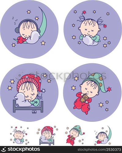 Sweet dream collection. Cute sleeping babies on pillow, bed, with teddy bear and on moon. Vector illustration. Cute baby collection